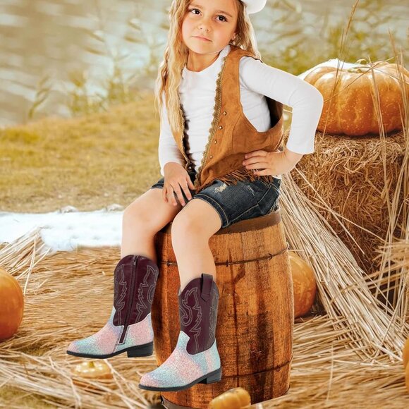 xinlanlin Kids Sequin Rainbow Purple Embroidered Square Toe Glitter Western Boot - Picture 6 of 6